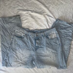 SHEIN Light Blue Straight Leg Jeans with Rhinestones